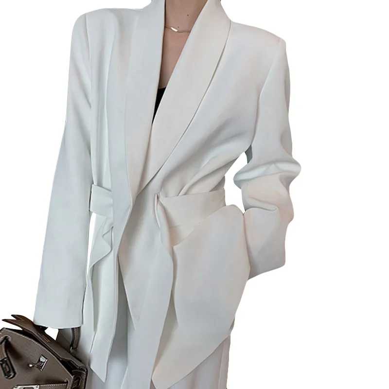 CHICEVER Women Blazer Jacket Notched Long Sleeve High Waist With Sashes White Casual