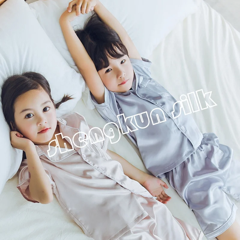 Little Girls Boys Classic Silk night Sleepwear High quality 100% Pure Silk  Pajamas sets