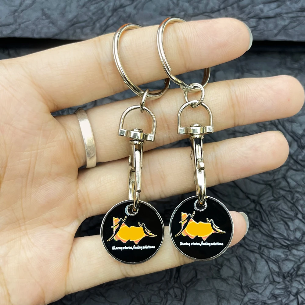 Custom logo supermarket metal shopping cart chip key ring uk trolley coin holder keyring token coin keychain