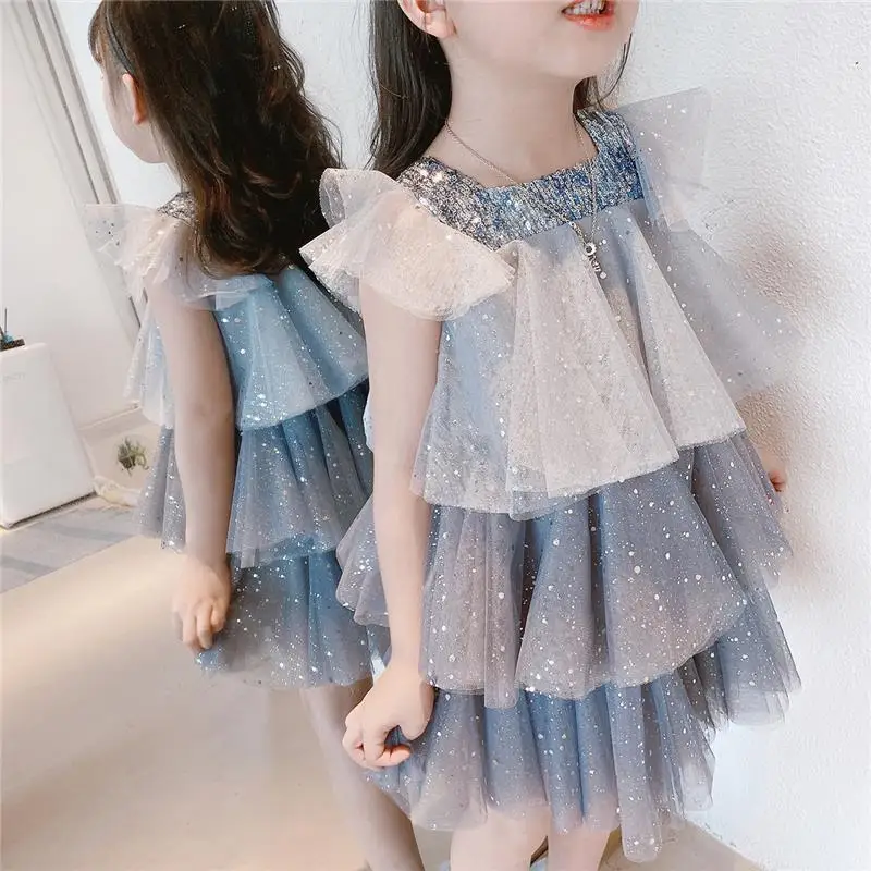 Spot Goods Summer Baby Dress Lace Party Tulle Ruffle Sleeve Star Sequin Cake Dress