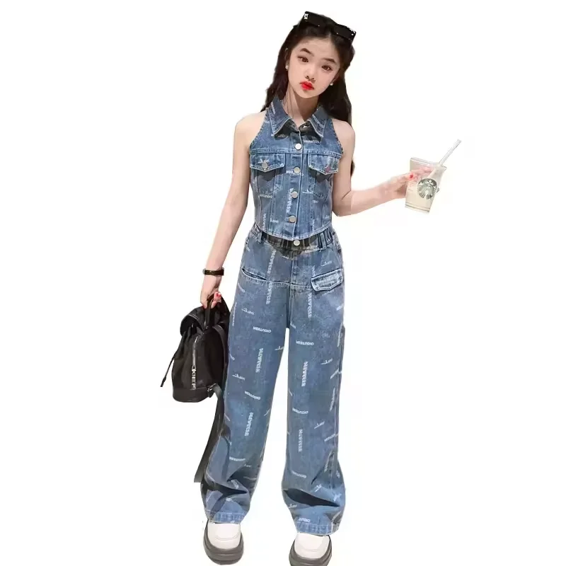 Korean Style Children Girl Suit Little Girl Sleeveless Vest children jean set clothes custom 2 piece outfit girls clothing suit