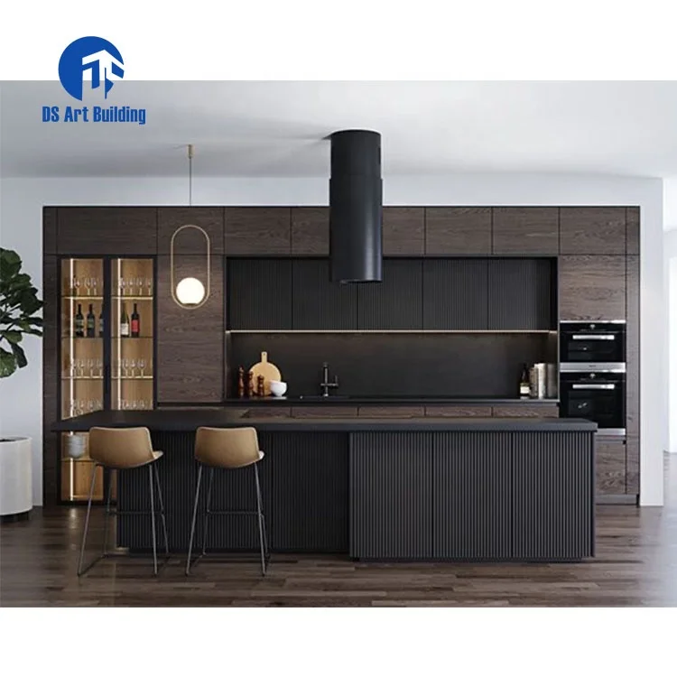 DS luxury modern kitchen sink cabinet glass door black melamine cheap price wooden cabinet kitchen storage cabinet