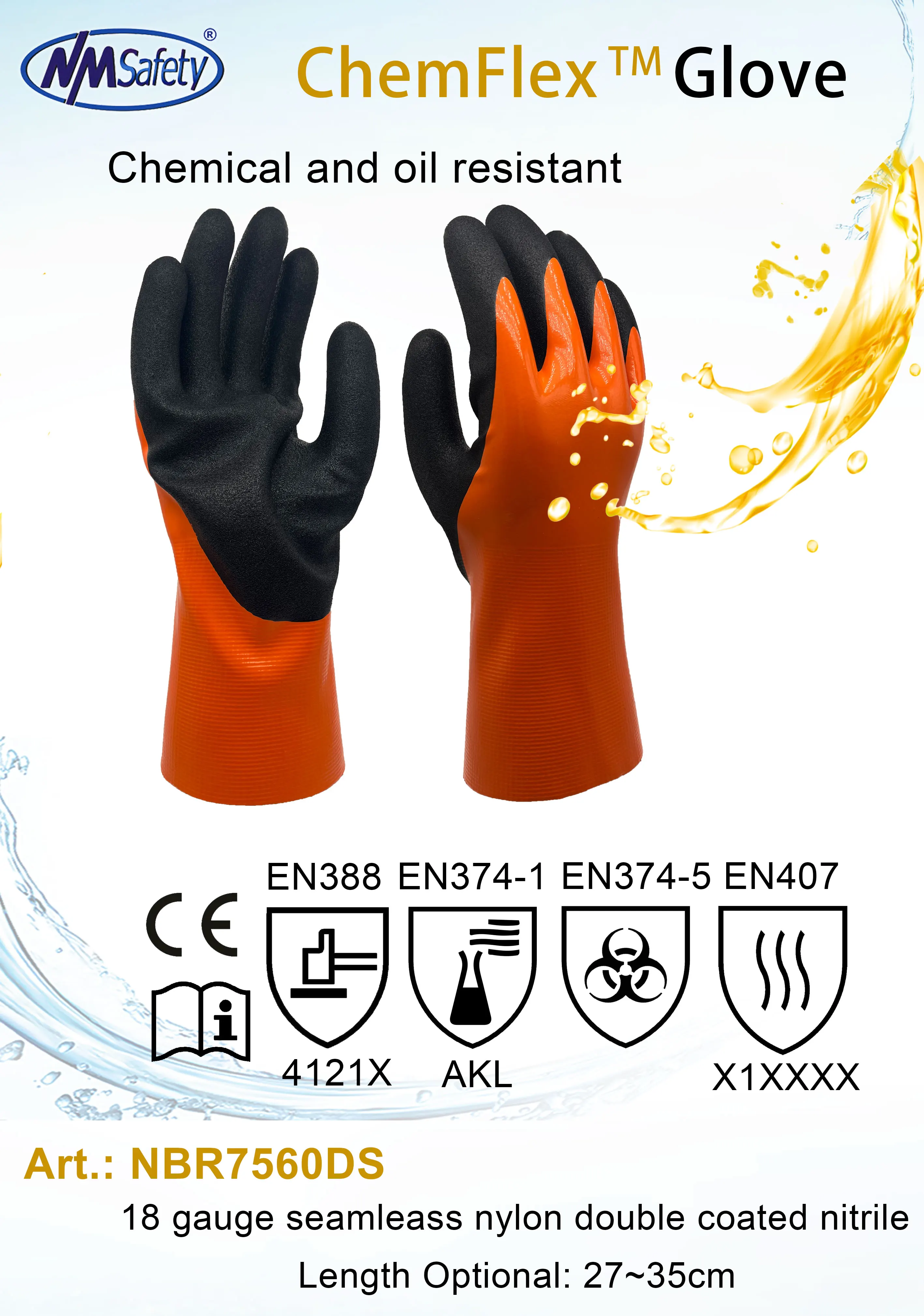 NMSAFETY Long Heat Resistant Chemical Resistant Double Coated Full Dipped Nitrile Grip Glove Orange Work Gloves Oil Gloves