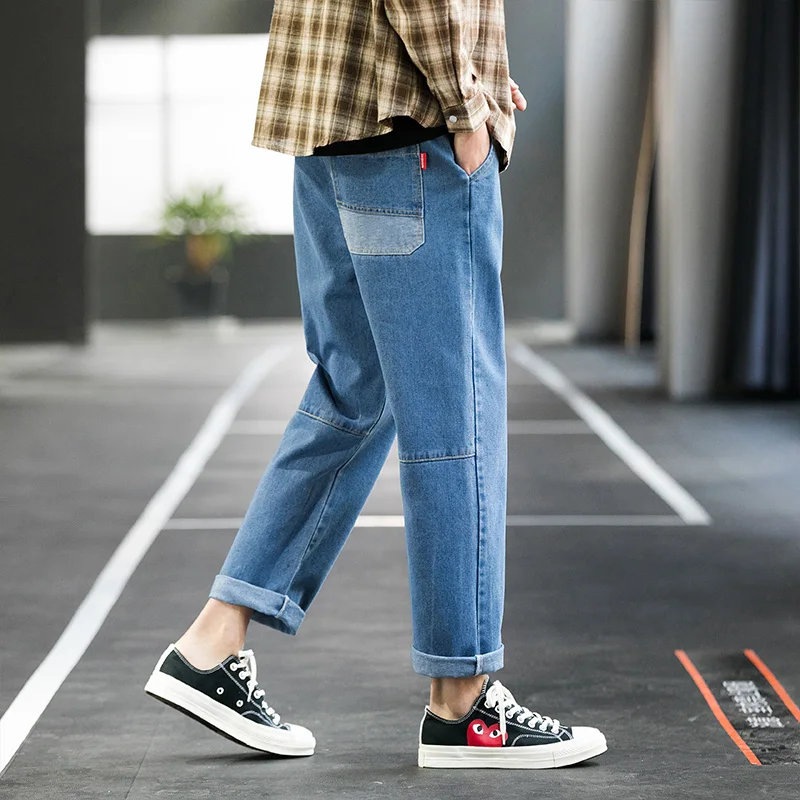 
2020 Custom LOGO stylish denim jeans blue loose cotton straight men pants 