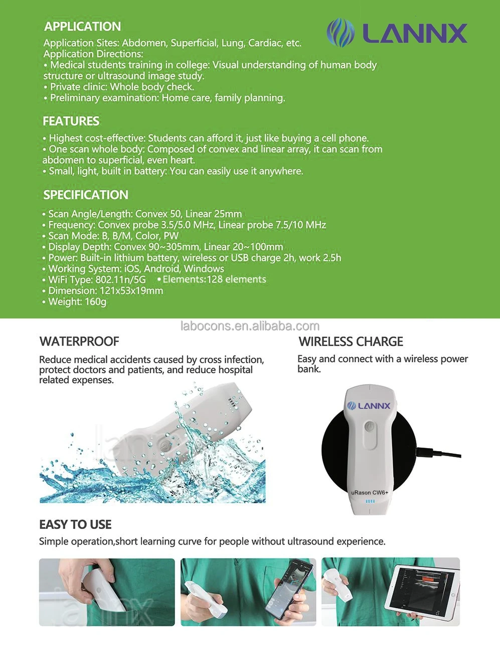 LANNX uRason CW6+ Customized Medical Wireless Convex Linear array probe ultrasound portable wifi ultrasound probe scanner system
