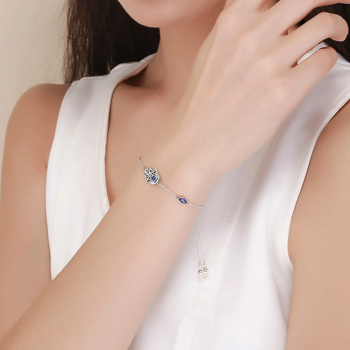 LEICARE Fatima Hamsa Hand Bracelet Blue Eye Jewelry Hamsa Hand Moroccan Bracelet Silver 925 Bracelets for Women Fine Jewelry