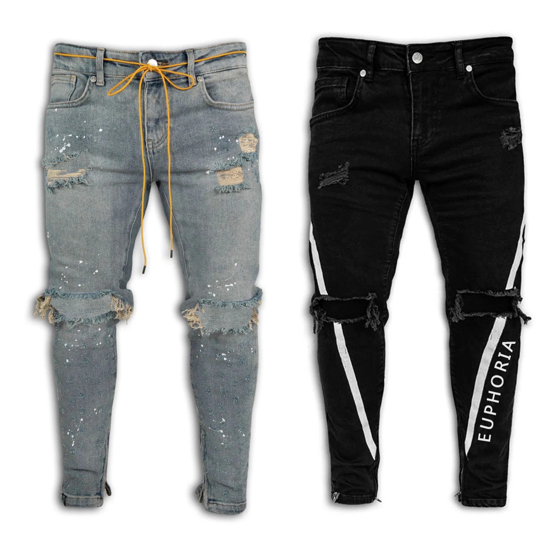 Wholesale men pant fashion printing letter trouser slim ripped paint Pencil denim jean