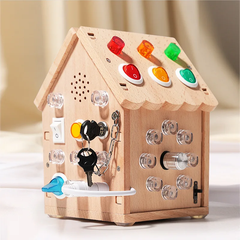 Wooden Montessori Busy Board Sound and Light Busy House Switch Button Cognitive Toys Toddler Sensory Toys