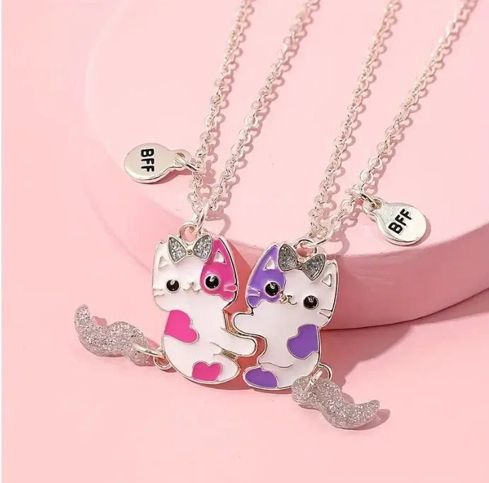 2pcs Friendship Sequin Magnets Attract Necklaces Party Holiday Gift Cute Cartoon BFF Rhinestone Cat Pendant Necklace For Girls