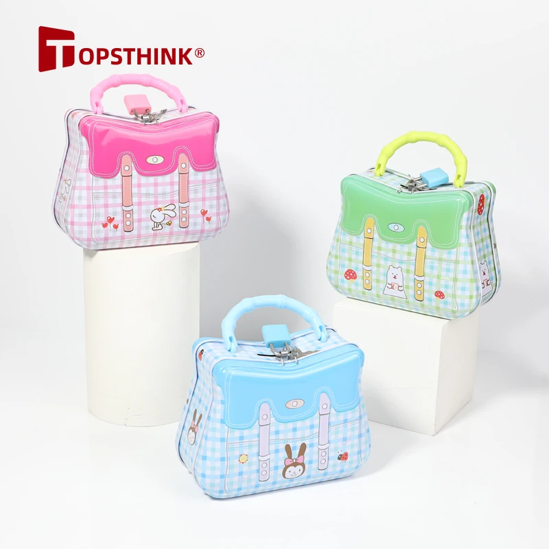 TOPSTHINK Custom Safe Metal Portable Rabbit Hand Bag Shape Kids Money Saving Box Piggy Coin Bank