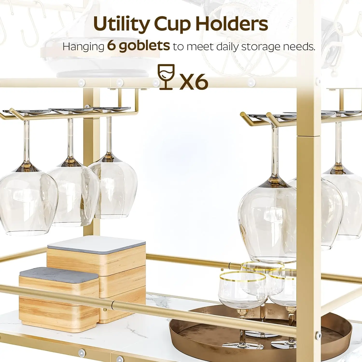 Bar Cart Gold, 3-Tier Serving Cart, Kitchen Cart Mobile Microwave Cart with 6 Hooks Beverage Cart