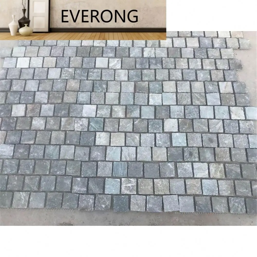 Natural Grey Stone Slate Cube Brick Pattern Flamed Surface Split Edge Paving Stone Mesh Cobblestone for Driveway Paving
