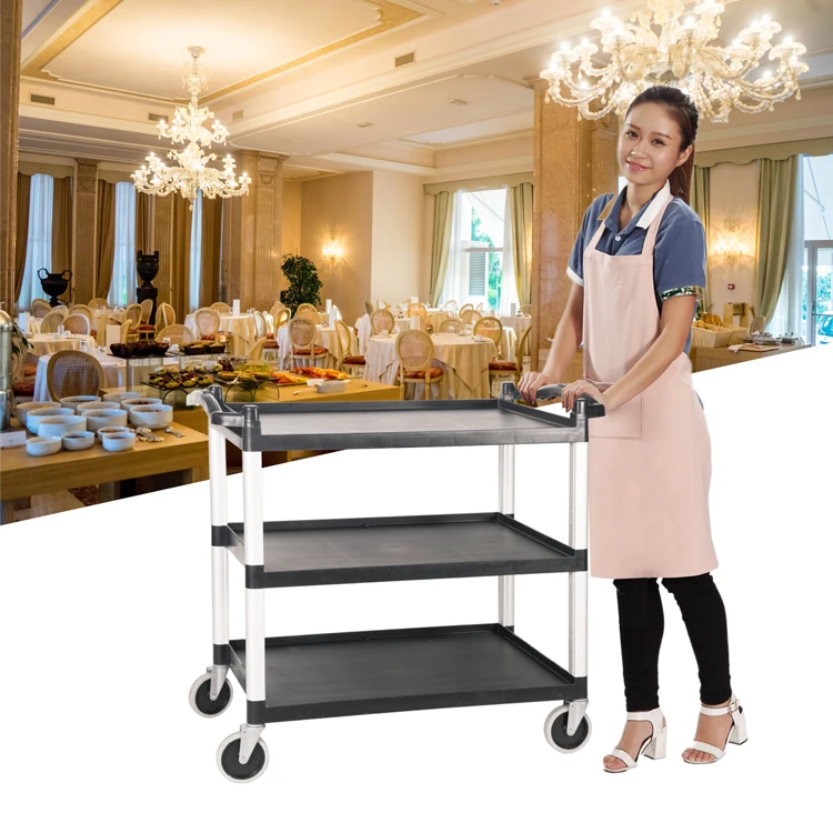 3-Tier Hand Pull  Trolley Canteen Restaurant Plastic Service Cart Kitchen Food Serving Cart
