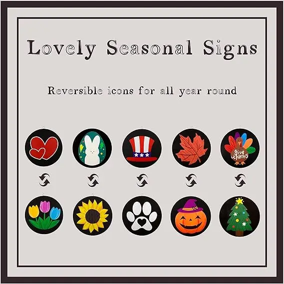 Welcome Sign for Front Porch Standing Interchangeable Wooden Sign with 5 Designed Double-Sided Icons for Front Door