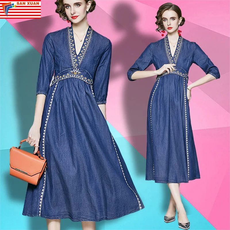 Spot on sale 2023 new ladies clog wholesale new long lady dressess Chinese style retro improved Hanfu loose long denim dresses