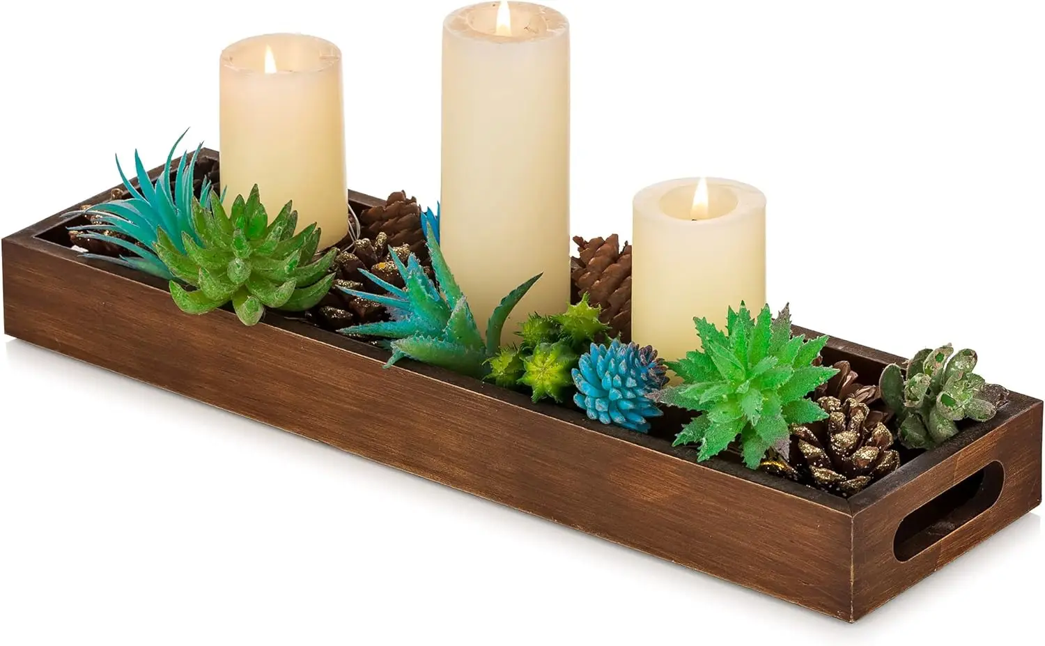 Wooden Decorative Serving Candle Holder Trays Rustic color with Cutout Handles