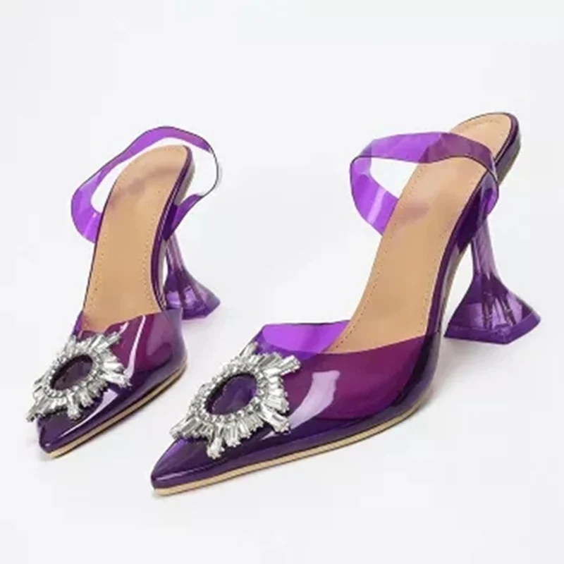 PVC Transparent Jelly Women Pumps Elegant Pointed Toe Slingback Crystal Rhinestones High Heels Casual Outdoor Shoes