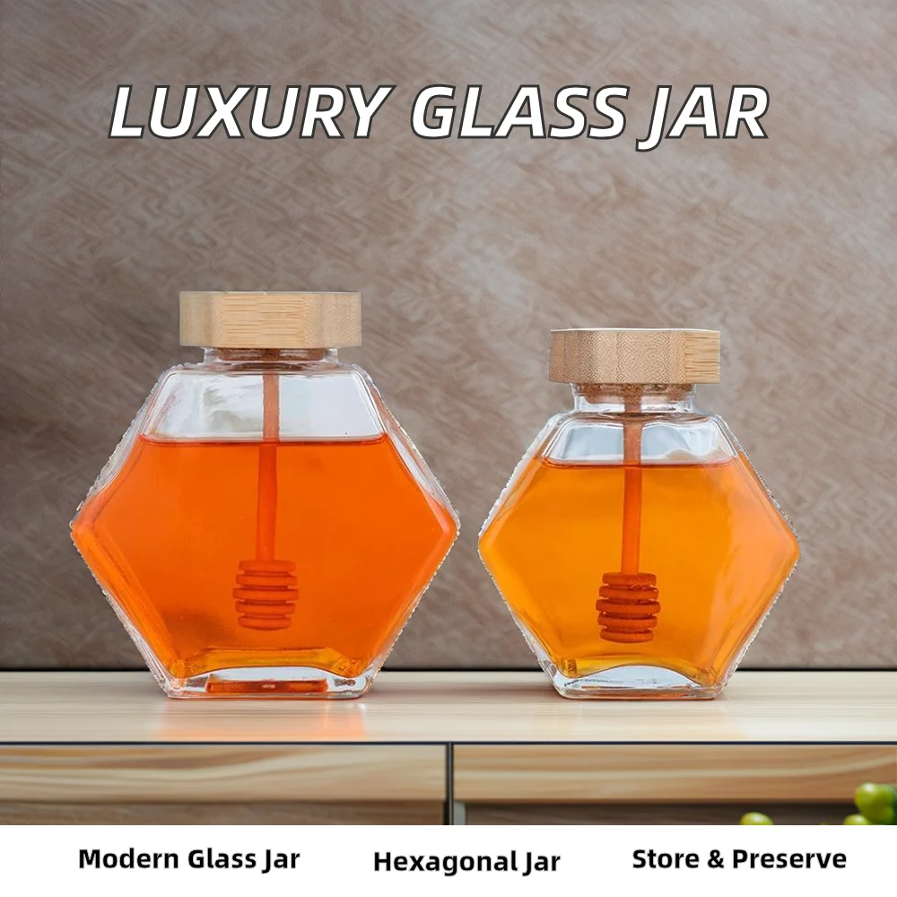 Custom Logo 220ml 380ml Empty Luxury Stirring Dipper Hexagonal Jelly Jam Glass Honey Jar