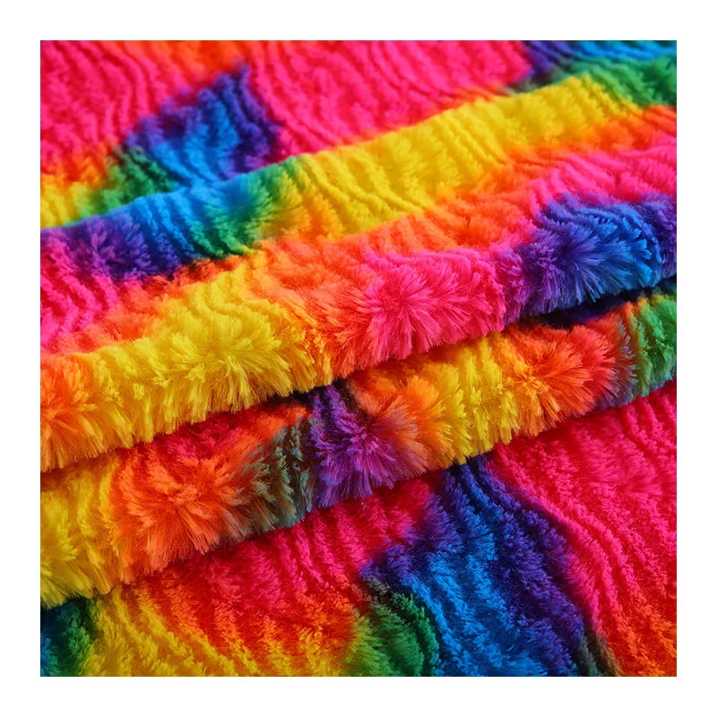 20MM 7mm Tie dyed Rainbow Colour 180gsm 1.6m Pv Yarn Dyed Plush Artificial Fake Faux Fur Fabric For Toys/Home Textiles