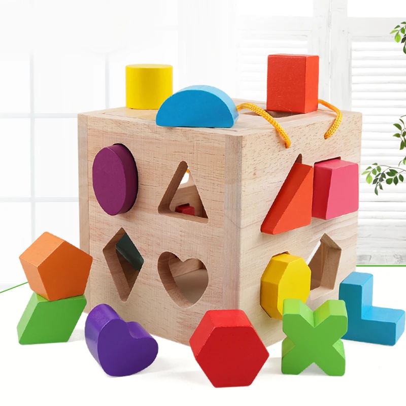 Wood Geometric Shape Blocks and Sorter Sorting Cube Box  Building Blocks Puzzles Educational Toys For Toddler Preschool Children
