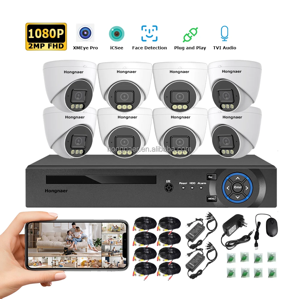 Hongnaer 2MP Dome AHD Indoor Video Home DVR 8 Channel Face Detection IP Security CCTV Camera Kit Set System Surveillance System