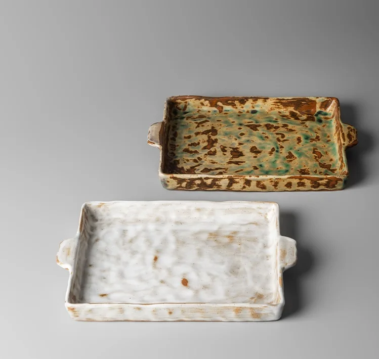 Square green and white ceramic plates handmade glazed dinnerware handle including