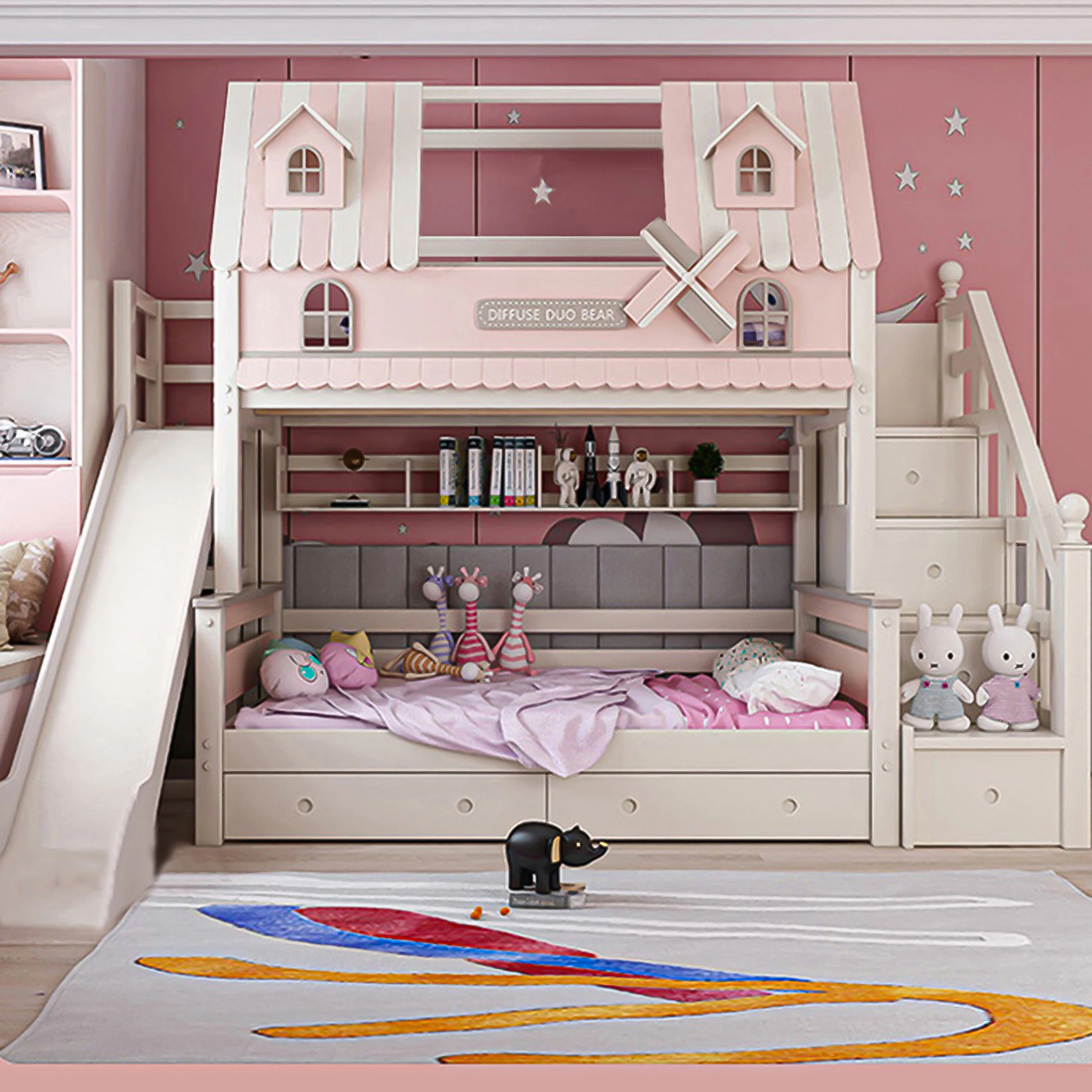Solid wood children bunk bed Bedroom Dual Purpose Storage Bunk Bed Girl Princess Pink bunk bed
