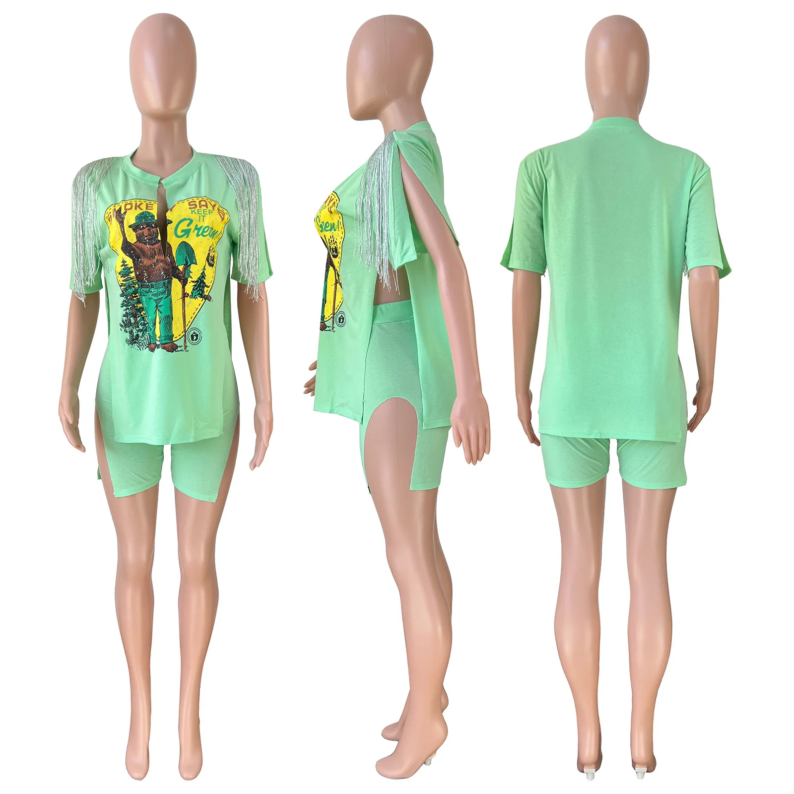 Short Sleeve Printed Design tassel split loose tops with shorts sets Hip hop Street Wear 2022 New Arrive women 2-pieces set