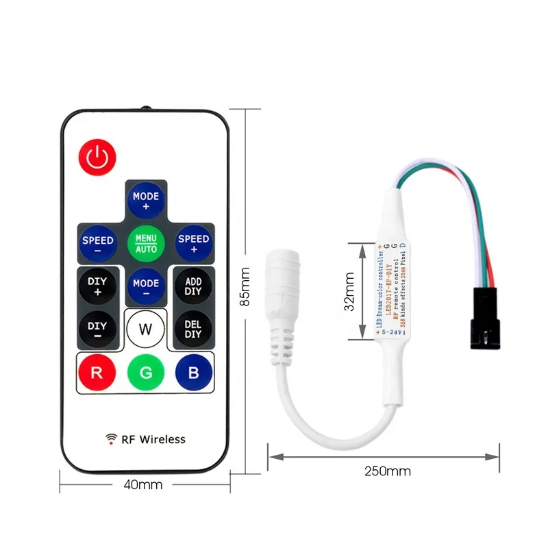 RF 14 keys Remote WS2812b 5V 12V 24V WS2811 SK6812 RGB PIXEL SPI Addressable DIGITAL LED Controller
