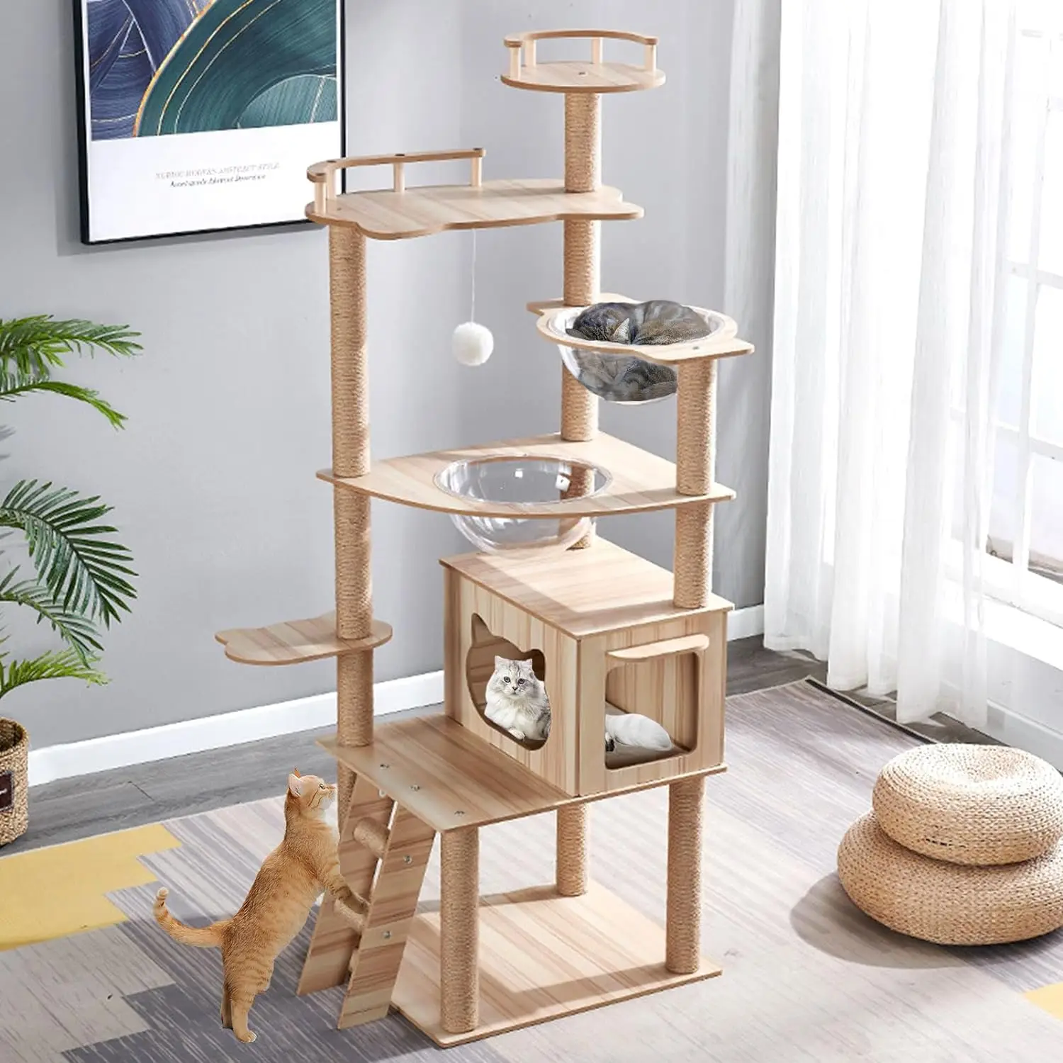 65-Inch Wooden Cat Tree Tower for Indoor Cats Large Nest with Scratching Posts Perches Caves Wool Space Capsule