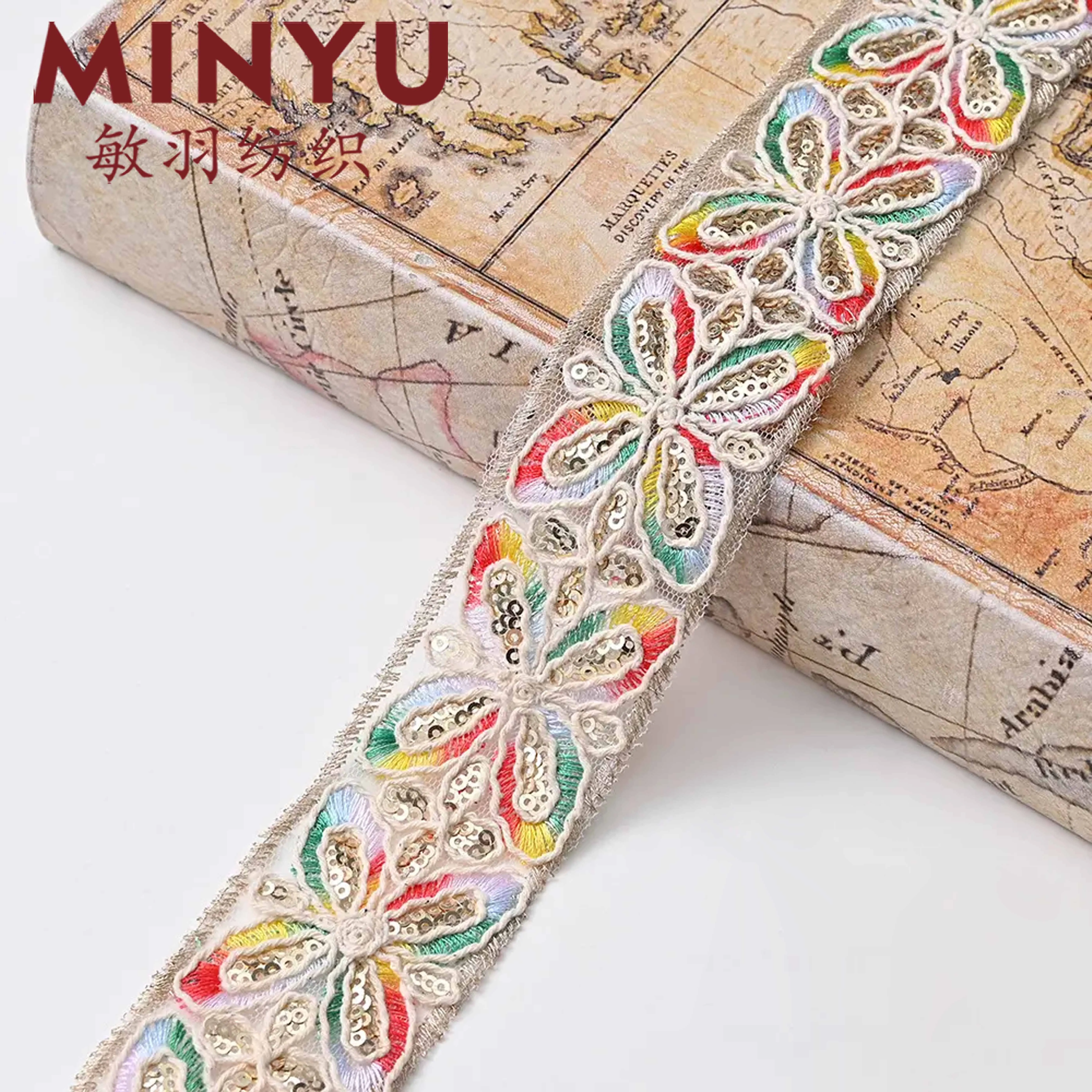 White Black Butterfly Embroidered Polyester Floral Ethnic Lace Decoration Rainbow Color Sew On Lace Trim For Home Decor