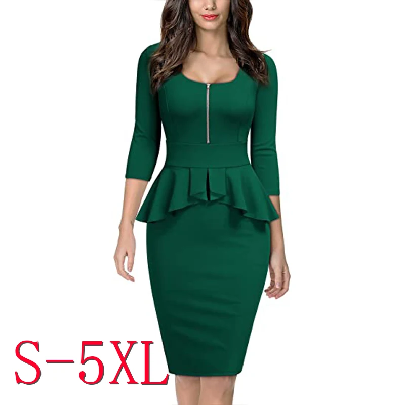 2022 New Formal Dresses lady Half Sleeve Midi Dress Ruffle Solid Color Women Bodycon Career Office Wear Ladies Dress