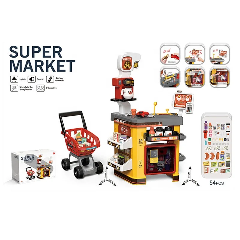 toy supermarket Nice Gift For children Hot sale 54pcs shopping cart with electric scanner, cash register credit card & refrigera