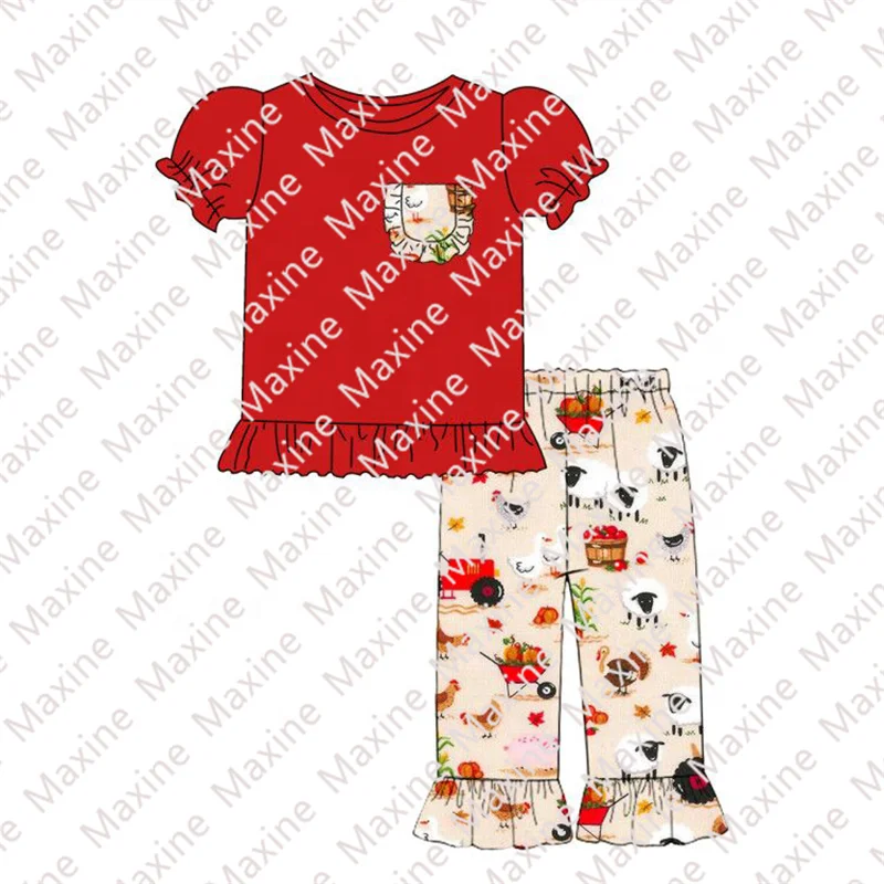 2021 New Fall Cute Farm Animal Fabric Boys Clothing Set Knit Cotton Boys Pocket Shirt Matched Outfit