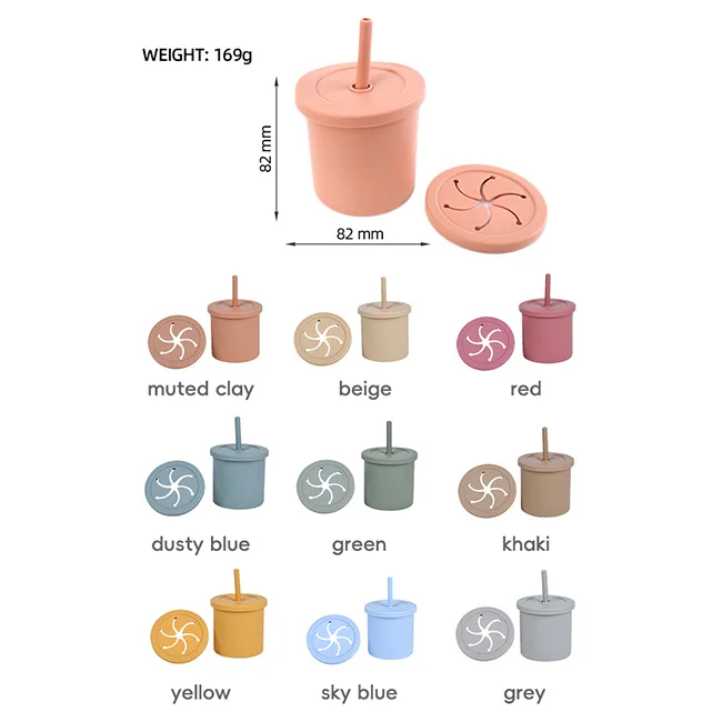 NON- spill 2 Lids in 1 Babe Drink Training Snack Catcher Kid BPA-free baby silicone food sippy cup with straw
