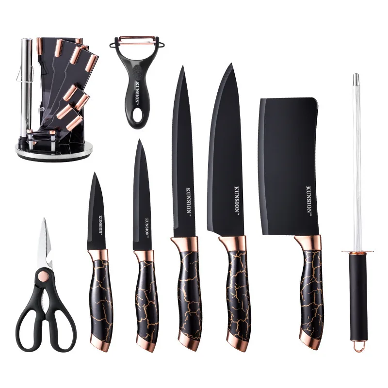 Professional Unique Chef Rose Gold Knife Peeler Scissors 3cr13 Stainless Steel Kitchen Knife Set with Holder