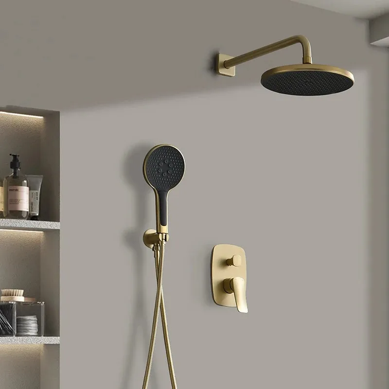 Gold Concealed Shower System Bathroom Shower Faucet Set Embedded Cartridge Faucet Rainfall Shower Mixer Crane Grey Chrome