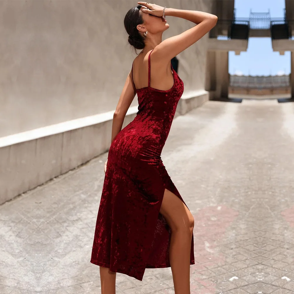 2022 summer Stock Double Lace Up Hem split Metallic Red Velvet Bodycon Dress