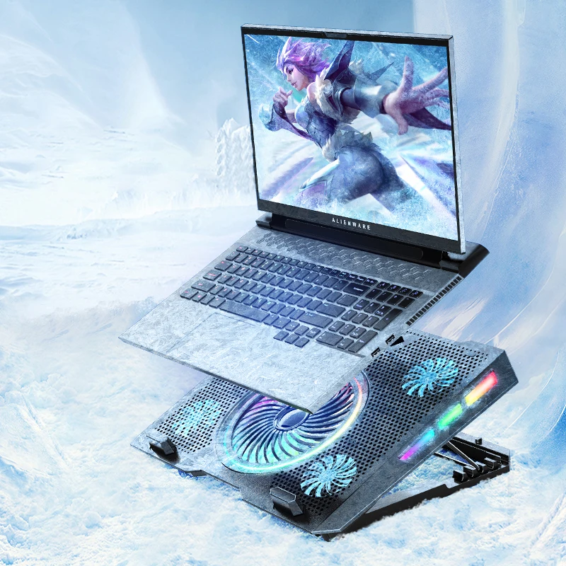 Gaming Rainbow lights RGB notebook cooling pad ergonomic stand with 5 fans 2 USB port Roller switch support OEM ODM Spot stock