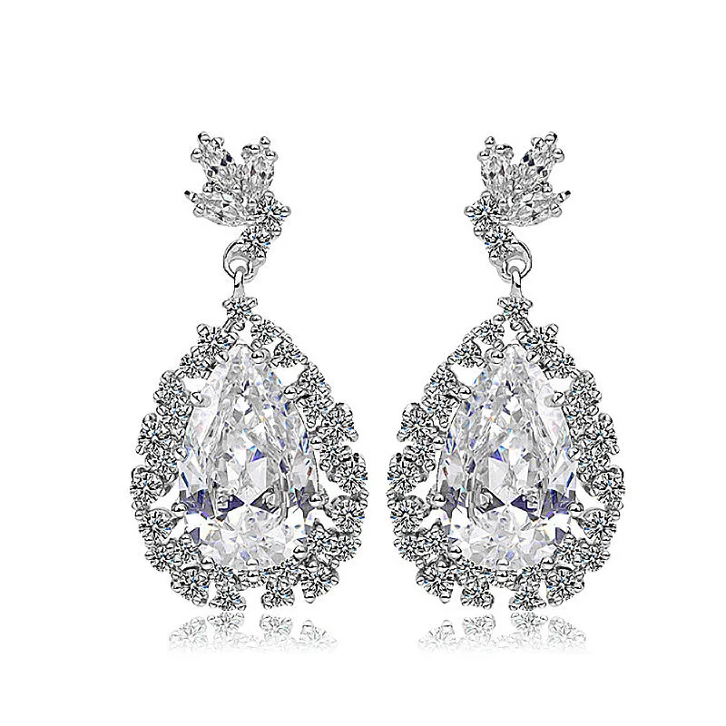 ROMANTIC Luxury Design Fancy Clear Cubic Zirconia Waterdrop Shiny Bridal Wedding Earrings