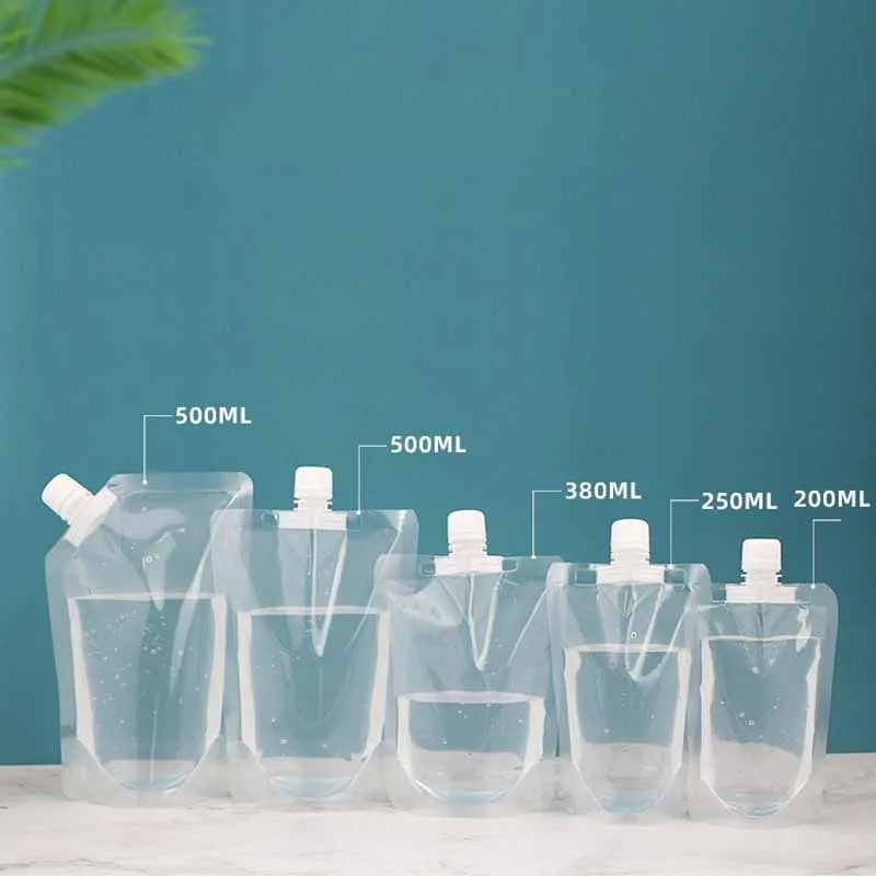 Eco-Friendly Clear Doypack Liquid Refill Pouch Bag 200ml 250ml 300ml 380ml Capacity with 1.6cm Caliber Spout for Juice and Beer