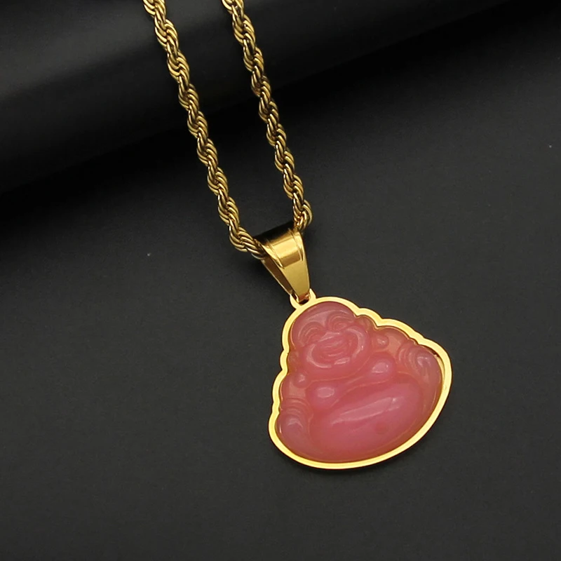 Emerald Stainless Steel Gold Jade Buddha Pendant Necklace Jewelry