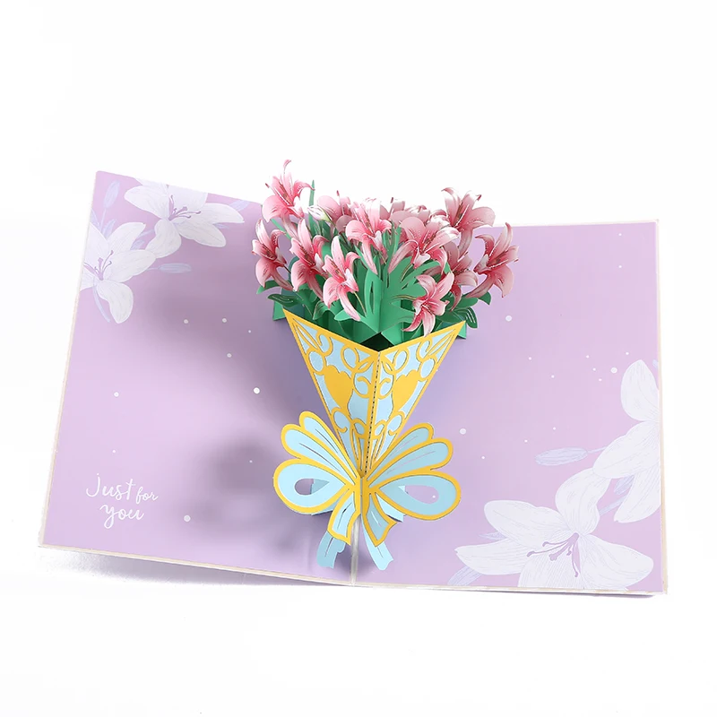 Popular Fashion flower white art paper 3d pop up flowers greeting cards