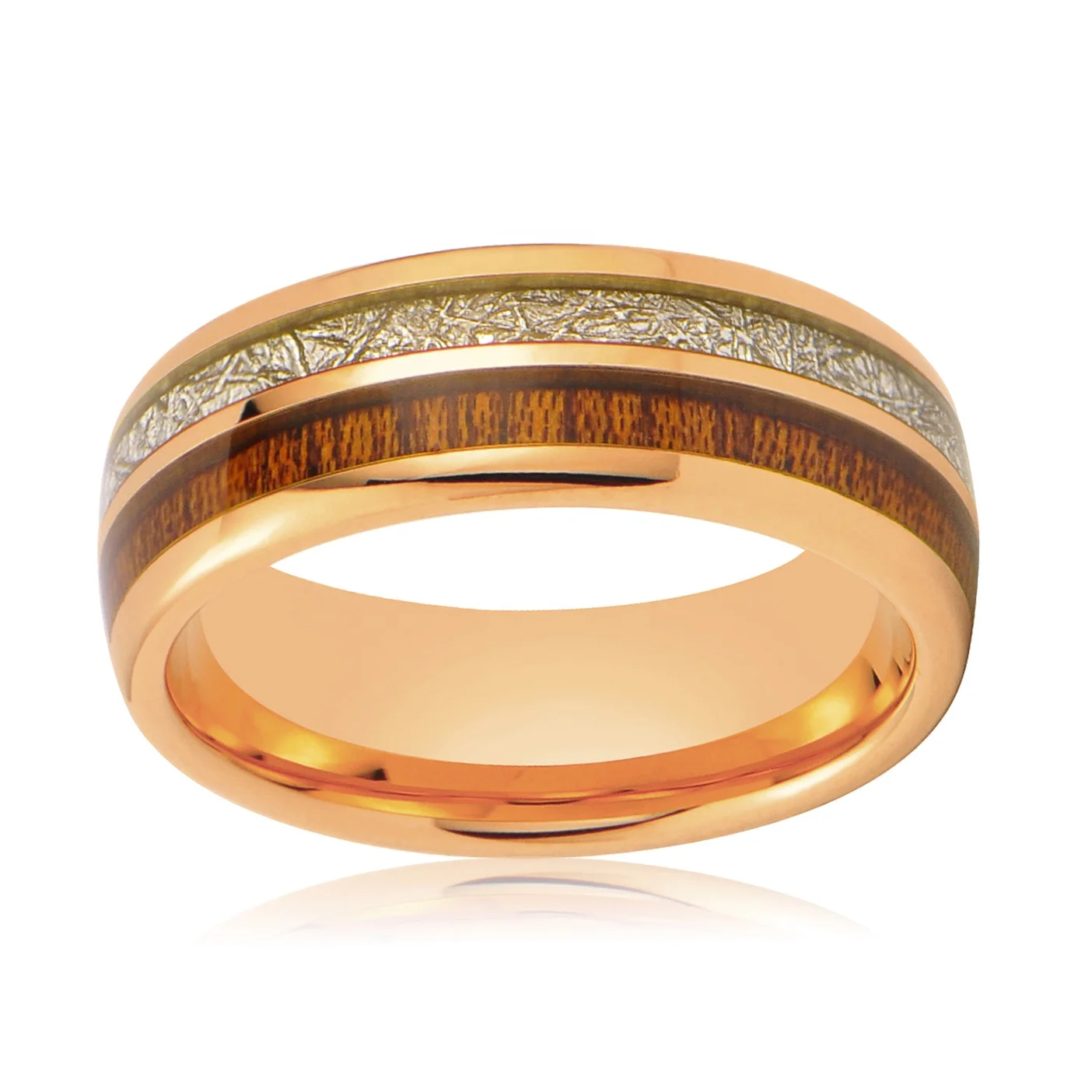 Couple Jewelry KOA Wood and Meteorite Tungsten Wedding Ring Rose Gold