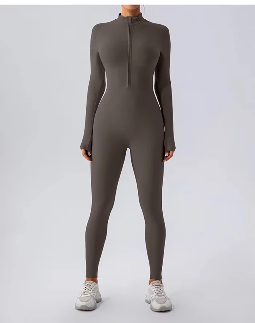 Yoke Long Sleeve Zip Bodysuits Light Jumpsuit With Tummy Control Rompers Yoga Shorts for Winter Workout Jumpsuits for Women