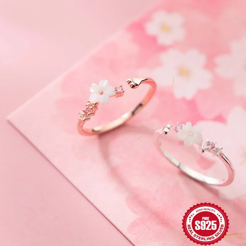 Dainty 925 Sterling Silver White Shell Flower Shape Adjustable  Cherry Blossom Ring Fresh Sweet Wedding Rings Fine Gift Ring