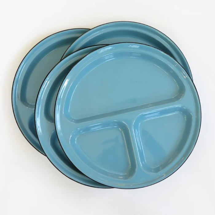 Wholesale round camping enamel metal dinner salad plates with red flower printing