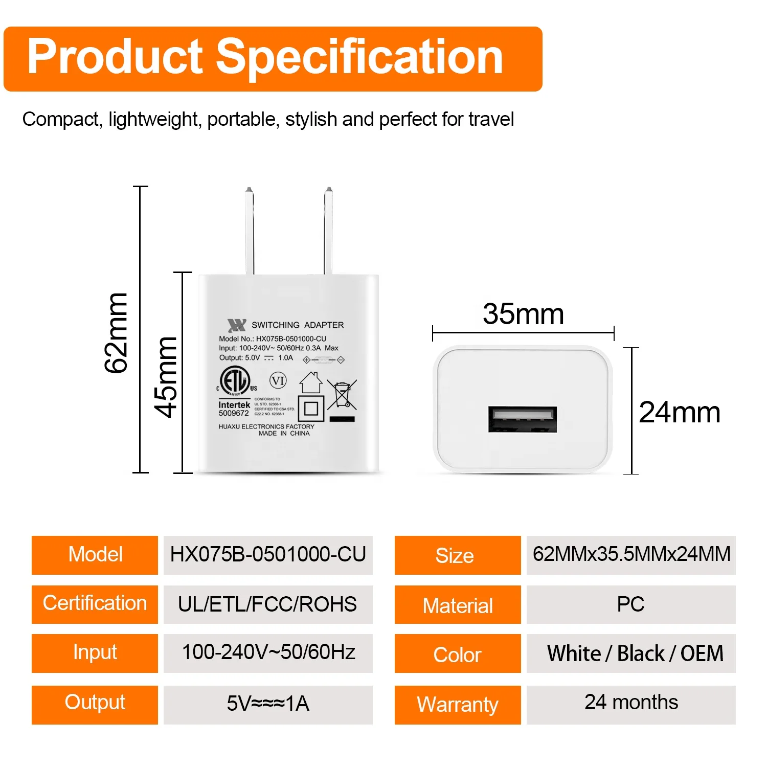 
ETL FCC Certificated USB Wall Power Adapters US PLUG 5V 1A 1.2A 1.5A One Port Power Adapter 
