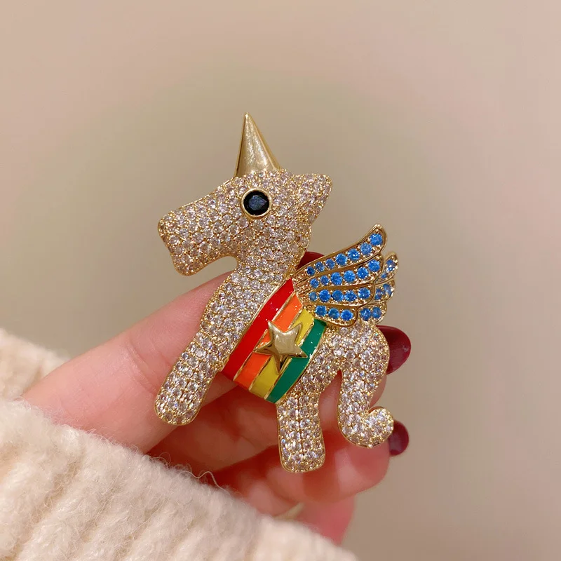 New Korean Cute Girls Coat Pin Colorful Unicorn Jewelry Fancy Zircon Brooch Crystal Horse Brooches