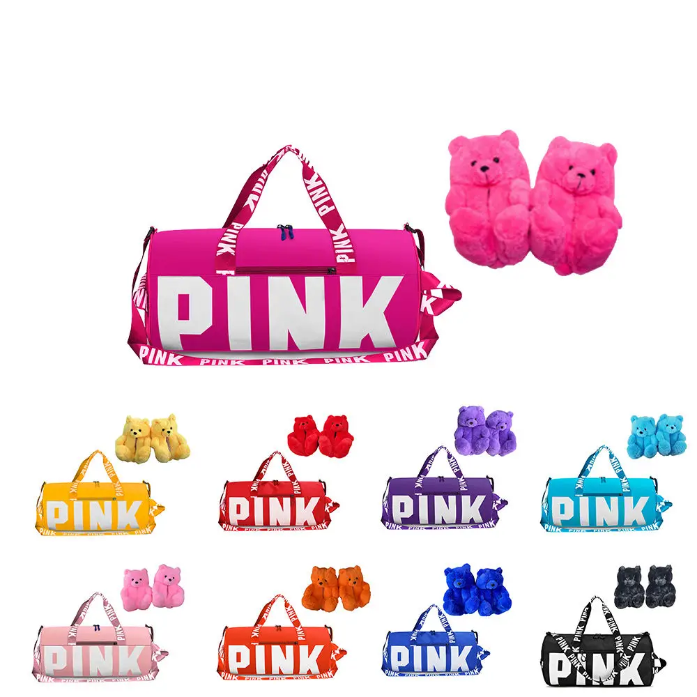 Teddy bear slides plush designer fuzzy fluff ladies winter bedroom home slippers teddy bear house shoes Adult Pink Duffle Bag